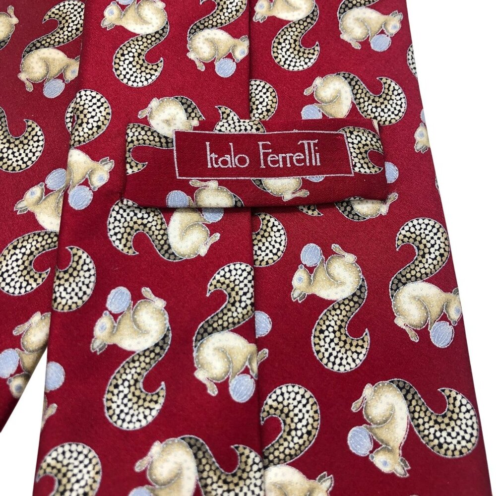 Italo Ferretti Red Silk Tie Squirrel Nut Print Italy Luxury Novelty Necktie